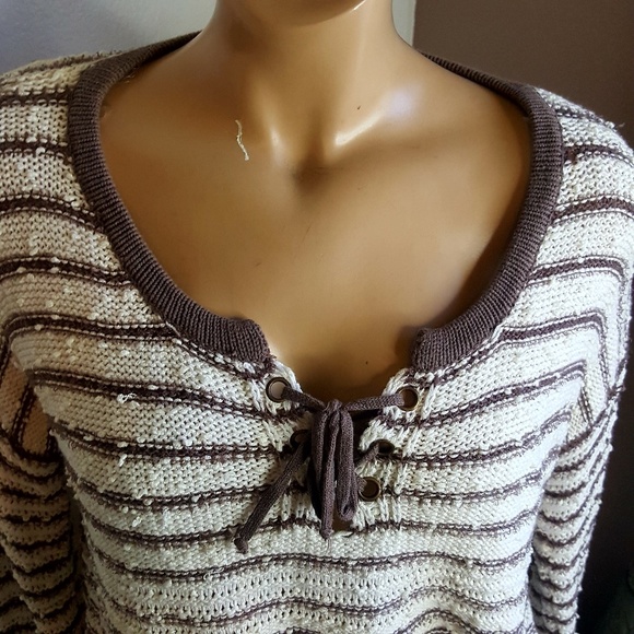 NUAGE tan and brown striped lace up sweater size M - Picture 3 of 9